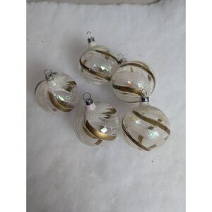 Vintage glass Christmas ornaments, clear and gold, Tree baubles, 5 glitter stars